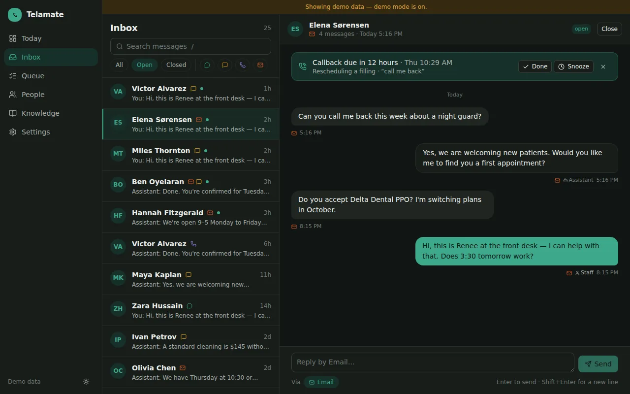 Telamate's inbox on demo data: one customer's thread across channels with the open callback pinned at the top